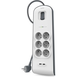 Belkin - Multiprise/Parafoudre 6 Prises avec 2 Ports USB Intégrés - Cordon de 2m - Blanc
