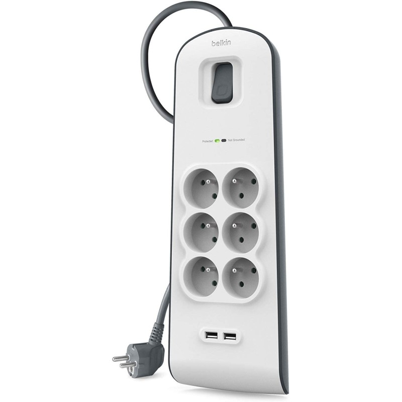 Belkin - Multiprise/Parafoudre 6 Prises avec 2 Ports USB Intégrés - Cordon de 2m - Blanc