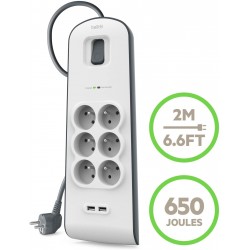 Belkin - Multiprise/Parafoudre 6 Prises avec 2 Ports USB Intégrés - Cordon de 2m - Blanc